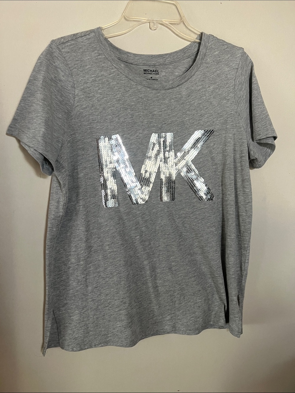 Michael Kors Girls' Gray Tee with Silver Sequin MK Logo